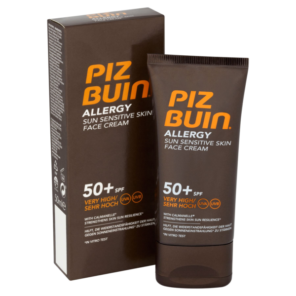 Piz buin allergy crema facial piel sensible al sol spf 50+ proteccion muy alta 1 envase 50 ml