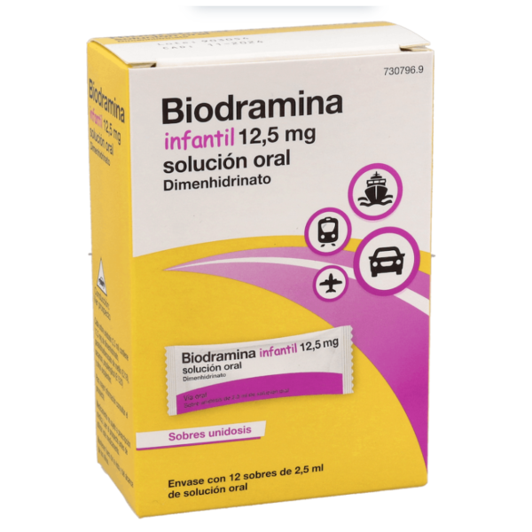 Biodramina infantil 12,5 mg 12 sobres monodosis solucion oral 2,5 ml